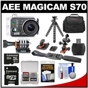AEE Magicam S70 Wi-Fi Waterproof 1080p HD Video Camera Camcorder with Flat Surface & Helmet Mounts + 32GB Card + Case + Tripod + Accessory Kit