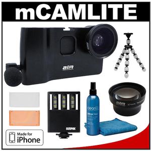ALM mCAMLITE Stabilizer Mount with Video Lens & Mic for iPhone 5 (Black) with Telephoto Lens + LED Video Light + Flex Tripod + Accessory Kit