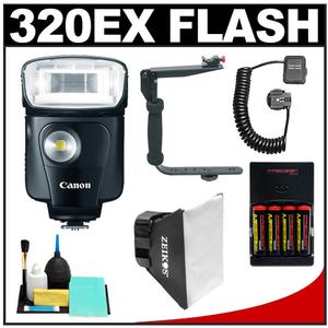 Canon Speedlite 320EX Flash with LED Light with Bracket & Cord + Softbox + Bounce Reflector + (4) Batteries & Charger + Kit - Digital Cameras and Accessories - Hip Lens.com