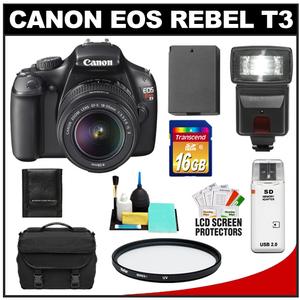 Canon EOS Rebel T3 Digital SLR Camera Body & EF-S 18-55mm IS II Lens with 16GB Card + Battery + Case + Filter + Flash + Cleaning & Accessory Kit - Digital Cameras and Accessories - Hip Lens.com