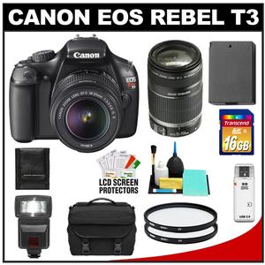Canon EOS Rebel T3 Digital SLR Camera Body & EF-S 18-55mm IS II Lens with 55-250mm IS Lens + 16GB Card + Battery + Case + (2) Filters + Flash + Cleaning Kit - Digital Cameras and Accessories - Hip Lens.com