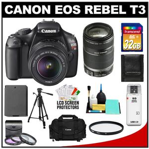 Canon EOS Rebel T3 Digital SLR Camera Body & EF-S 18-55mm IS II Lens with 55-250mm IS Lens + 32GB Card + Battery + Case + Filter Set + Tripod + Cleaning Kit - Digital Cameras and Accessories - Hip Lens.com