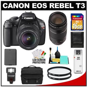 Canon EOS Rebel T3 Digital SLR Camera Body & EF-S 18-55mm IS II Lens with 75-300mm III Lens + 16GB Card + Battery + Case + (2) Filters + Flash + Cleaning Kit - Digital Cameras and Accessories - Hip Lens.com