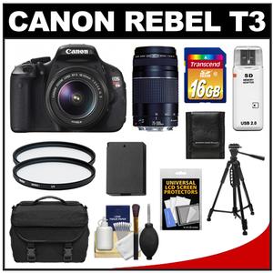 Canon EOS Rebel T3 Digital SLR Camera Body & EF-S 18-55mm IS II Lens with 75-300mm III Lens + 16GB Card + Battery + Case + (2) Filters + Tripod + Cleaning Kit - Digital Cameras and Accessories - Hip Lens.com