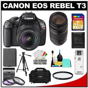 Canon EOS Rebel T3 Digital SLR Camera Body & EF-S 18-55mm IS II Lens with 75-300mm III Lens + 32GB Card + Battery + Case + Filter Set + Tripod + Cleaning Kit - Digital Cameras and Accessories - Hip Lens.com