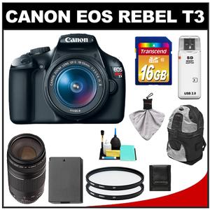 Canon EOS Rebel T3 Digital SLR Camera Body & EF-S 18-55mm IS II Lens with 75-300mm III Lens + 16GB Card + Battery + Backpack Case + (2) Filters + Cleaning Kit - Digital Cameras and Accessories - Hip Lens.com