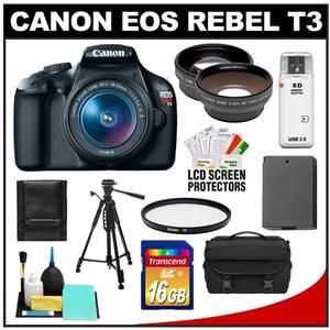 Canon EOS Rebel T3 Digital SLR Camera Body & EF-S 18-55mm IS II Lens with 16GB Card + .45x Wide Angle & 2x Telephoto Lenses + Battery + Filter + Tripod + Kit - Digital Cameras and Accessories - Hip Lens.com
