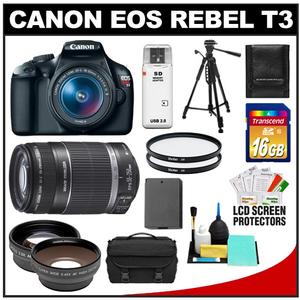 Canon EOS Rebel T3 Digital SLR Camera Body & EF-S 18-55mm IS II Lens with 55-250mm IS Lens + 16GB Card + Wide & Tele Lenses + Battery + Filters + Tripod Kit - Digital Cameras and Accessories - Hip Lens.com