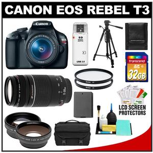 Canon EOS Rebel T3 Digital SLR Camera Body & EF-S 18-55mm IS II Lens with 75-300mm III Lens + 32GB Card + Wide & Tele Lenses + Battery + Filters + Tripod Kit - Digital Cameras and Accessories - Hip Lens.com
