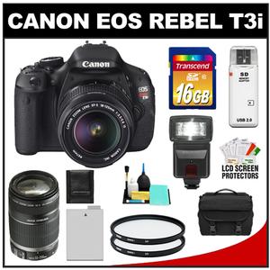 Canon EOS Rebel T3i Digital SLR Camera Body & EF-S 18-135mm IS Lens with 55-250mm IS Lens + 16GB Card + Battery + Case + (2) Filters + Flash + Cleaning Kit - Digital Cameras and Accessories - Hip Lens.com
