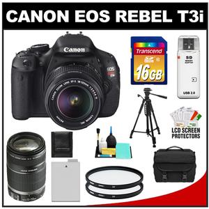 Canon EOS Rebel T3i Digital SLR Camera Body & EF-S 18-135mm IS Lens with 55-250mm IS Lens + 16GB Card + Battery + Case + (2) Filters + Tripod + Cleaning Kit - Digital Cameras and Accessories - Hip Lens.com