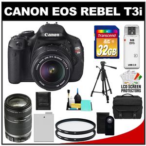 Canon EOS Rebel T3i Digital SLR Camera Body & EF-S 18-135mm IS Lens with 55-250mm IS Lens + 32GB Card + Battery + Case + (2) Filters + Remote + Accessory Kit - Digital Cameras and Accessories - Hip Lens.com