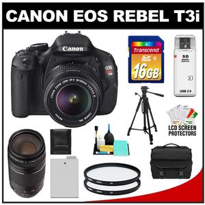 Canon EOS Rebel T3i Digital SLR Camera Body & EF-S 18-135mm IS Lens with 75-300mm III Lens + 16GB Card + Battery + Case + (2) Filters + Tripod + Cleaning Kit - Digital Cameras and Accessories - Hip Lens.com