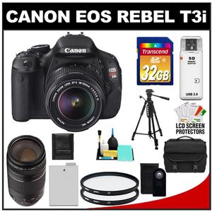 Canon EOS Rebel T3i Digital SLR Camera Body & EF-S 18-135mm IS Lens with 75-300mm III Lens + 32GB Card + Battery + Case + (2) Filters + Remote + Accessory Kit - Digital Cameras and Accessories - Hip Lens.com