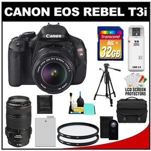 Canon EOS Rebel T3i Digital SLR Camera Body & EF-S 18-135mm IS Lens with 70-300mm IS USM Lens + 32GB Card + Battery + Case + (2) Filters + Remote Kit - Digital Cameras and Accessories - Hip Lens.com