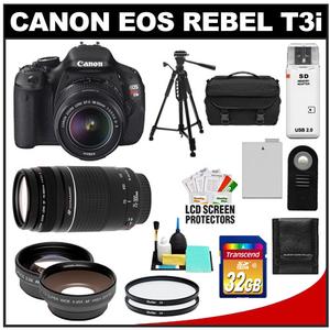 Canon EOS Rebel T3i Digital SLR Camera Body & EF-S 18-55mm IS II Lens + 75-300mm III Lens + 32GB Card + Wide/Tele Lens + Battery + Remote + Filters + Tripod Kit - Digital Cameras and Accessories - Hip Lens.com