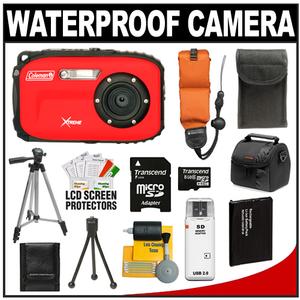 Coleman Xtreme C5WP Shock & Waterproof Digital Camera (Red) with 8GB Card + Battery + Floating Strap + (2) Cases + Tripod + Accessory Kit - Digital Cameras and Accessories - Hip Lens.com