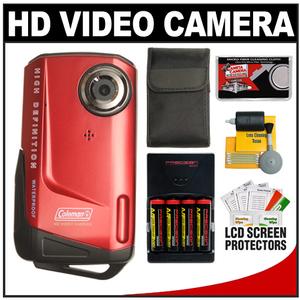Coleman Xtreme CVW9HD Waterproof 1080p HD Digital Video Camera Camcorder (Red) with (4) Batteries & Charger + Case + Cleaning Accessory Kit - Digital Cameras and Accessories - Hip Lens.com