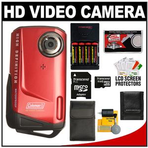Coleman Xtreme CVW9HD Waterproof 1080p HD Digital Video Camera Camcorder (Red) with 8GB Card  + (4) Batteries & Charger + Case + Accessory Kit - Digital Cameras and Accessories - Hip Lens.com