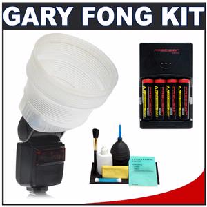 Gary Fong LightSphere Collapsible Inverted Dome Flash Diffuser (Half Cloud) with (4) AA Batteries and Charger + Accessory Kit - Digital Cameras and Accessories - Hip Lens.com