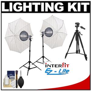 Interfit INT160 EZ Lite Portable Studio Lighting Kit with (2) 500w Tungsten Lamp Heads  (2) Stands  (2) Umbrellas + Tripod and Cleaning Kit - Digital Cameras and Accessories - Hip Lens.com