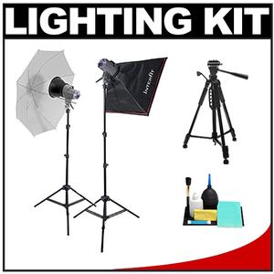 Interfit INT182 EX150 Mark II Two Head Home Studio Lighting Flash Kit with (2) Flash Heads  (2) Stands  Translucent Umbrella  Softbox + Tripod and Cleaning Kit - Digital Cameras and Accessories - Hip Lens.com