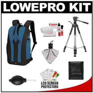 Lowepro Flipside 300 Digital SLR Camera Backpack Case (Arctic Blue) with Deluxe Photo/Video Tripod + Canon Cleaning Kit - Digital Cameras and Accessories - Hip Lens.com