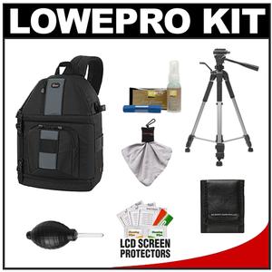 Lowepro Slingshot 302 AW Digital SLR Camera Backpack Sling Case (Black) with Deluxe Photo/Video Tripod + Nikon Cleaning Kit - Digital Cameras and Accessories - Hip Lens.com