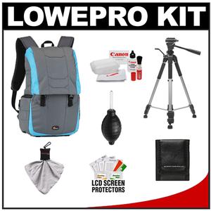 Lowepro Versapack 200 AW Digital SLR Camera Backpack Case (Gray/Polar Blue) with Deluxe Photo/Video Tripod + Canon Cleaning Kit