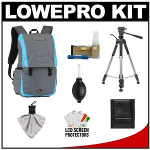 Lowepro Versapack 200 AW Digital SLR Camera Backpack Case (Gray/Polar Blue) with Deluxe Photo/Video Tripod + Nikon Cleaning Kit - Digital Cameras and Accessories - Hip Lens.com