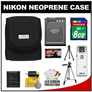 Nikon Coolpix 9616 Neoprene Digital Camera Case (Black) with 8GB Card + EN-EL12 Battery + Tripod + Cleaning Accessory Kit - Digital Cameras and Accessories - Hip Lens.com