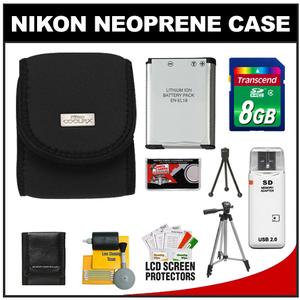 Nikon Coolpix 9616 Neoprene Digital Camera Case (Black) with 8GB Card + EN-EL19 Battery + Tripod + Cleaning Accessory Kit - Digital Cameras and Accessories - Hip Lens.com