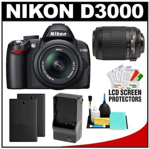Nikon D3000 Digital SLR Camera Body - Refurbished & 18-55mm + 55-200mm VR Lenses with (2x) Batteries + Charger + Accessory Kit - Digital Cameras and Accessories - Hip Lens.com