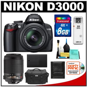 Nikon D3000 Digital SLR Camera Body - Refurbished & 18-55mm + 55-200mm VR Lenses with 8GB Card + Battery + Case + Accessory Kit - Digital Cameras and Accessories - Hip Lens.com