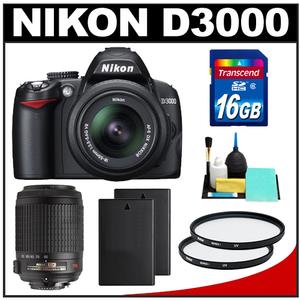 Nikon D3000 Digital SLR Camera Body - Refurbished & 18-55mm + 55-200mm VR Lenses with 16GB Card + (2) Batteries + (2) UV Filters + Accessory Kit - Digital Cameras and Accessories - Hip Lens.com