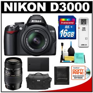 Nikon D3000 Digital SLR Camera Body - Refurbished & 18-55mm VR + Tamron 70-300mm Lenses with 16GB Card + Battery + Case + Accessory Kit - Digital Cameras and Accessories - Hip Lens.com