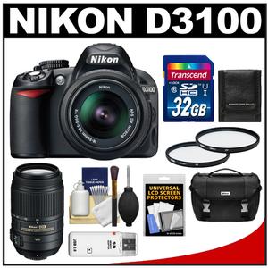 Nikon D3100 Digital SLR Camera & 18-55mm G VR DX AF-S Zoom Lens with 55-300mm VR Lens + 32GB Card + Case + Accessory Kit - Digital Cameras and Accessories - Hip Lens.com