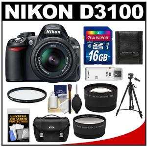 Nikon D3100 Digital SLR Camera & 18-55mm G VR DX AF-S Zoom Lens with 16GB Card + .45x Wide & 2.5x Telephoto Lenses + Filter + Tripod + Accessory Kit - Digital Cameras and Accessories - Hip Lens.com