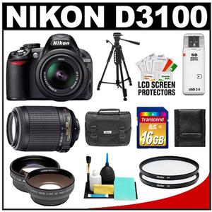 Nikon D3100 Digital SLR Camera & 18-55mm G VR DX AF-S Zoom Lens with 55-200mm VR Lens + 16GB Card + Filters + Tripod + .45x Wide & 2.5x Telephoto Lens Kit - Digital Cameras and Accessories - Hip Lens.com