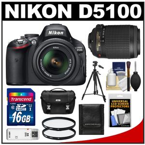 Nikon D5100 Digital SLR Camera & 18-55mm G VR DX AF-S Zoom Lens with 55-200mm VR Lens + 16GB Card + Case + (2) Filters + Tripod + Cleaning & Accessory Kit - Digital Cameras and Accessories - Hip Lens.com