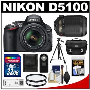 Nikon D5100 Digital SLR Camera & 18-55mm G VR DX AF-S Zoom Lens with 55-200mm VR Lens + 32GB Card + Case + (2) Filters + Remote + Tripod + Cleaning Kit - Digital Cameras and Accessories - Hip Lens.com