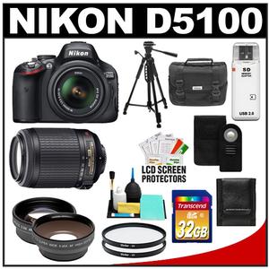 Nikon D5100 Digital SLR Camera & 18-55mm G VR DX AF-S Zoom Lens with 55-200mm VR Lens + 32GB Card + Remote + Tripod .45x Wide & 2.5x Telephoto Lens Kit - Digital Cameras and Accessories - Hip Lens.com