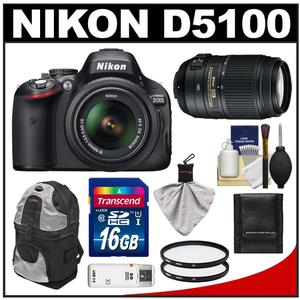 Nikon D5100 Digital SLR Camera & 18-55mm G VR DX AF-S Zoom Lens with 55-300mm VR Lens + 16GB Card + Backpack + (2) Filters + Cleaning & Accessory Kit - Digital Cameras and Accessories - Hip Lens.com