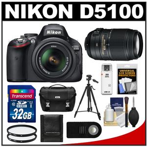 Nikon D5100 Digital SLR Camera & 18-55mm G VR DX AF-S Zoom Lens with 55-300mm VR Lens + 32GB Card + Case + (2) Filters + Remote + Tripod + Cleaning Kit - Digital Cameras and Accessories - Hip Lens.com