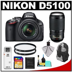 Nikon D5100 Digital SLR Camera & 18-55mm G VR DX AF-S Zoom Lens with 70-300mm VR Lens + 16GB Card + Backpack + (2) Filters + Cleaning & Accessory Kit - Digital Cameras and Accessories - Hip Lens.com
