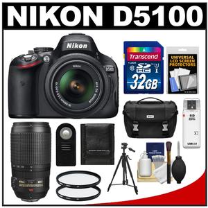 Nikon D5100 Digital SLR Camera & 18-55mm G VR DX AF-S Zoom Lens with 70-300mm VR Lens + 32GB Card + Case + (2) Filters + Remote + Tripod + Cleaning Kit - Digital Cameras and Accessories - Hip Lens.com