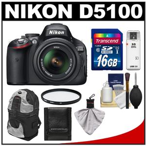 Nikon D5100 Digital SLR Camera & 18-55mm G VR DX AF-S Zoom Lens with 16GB Card + Backpack + Filter + Cleaning & Accessory Kit - Digital Cameras and Accessories - Hip Lens.com