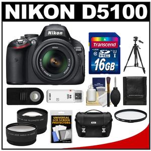 Nikon D5100 Digital SLR Camera & 18-55mm G VR DX AF-S Zoom Lens with 16GB Card + .45x Wide & 2.5x Telephoto Lenses + Remote + Filter + Tripod Kit - Digital Cameras and Accessories - Hip Lens.com