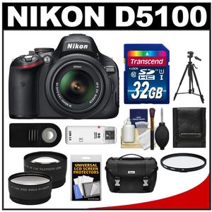 Nikon D5100 Digital SLR Camera & 18-55mm G VR DX AF-S Zoom Lens with 32GB Card + .45x Wide & 2.5x Telephoto Lenses + Remote + Filter + Tripod + Kit - Digital Cameras and Accessories - Hip Lens.com