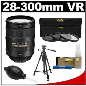 Nikon 28-300mm f/3.5-5.6 G VR AF-S ED Zoom-Nikkor Lens with 3 UV/ND8/CPL Filters + Tripod + Cleaning Accessory Kit
